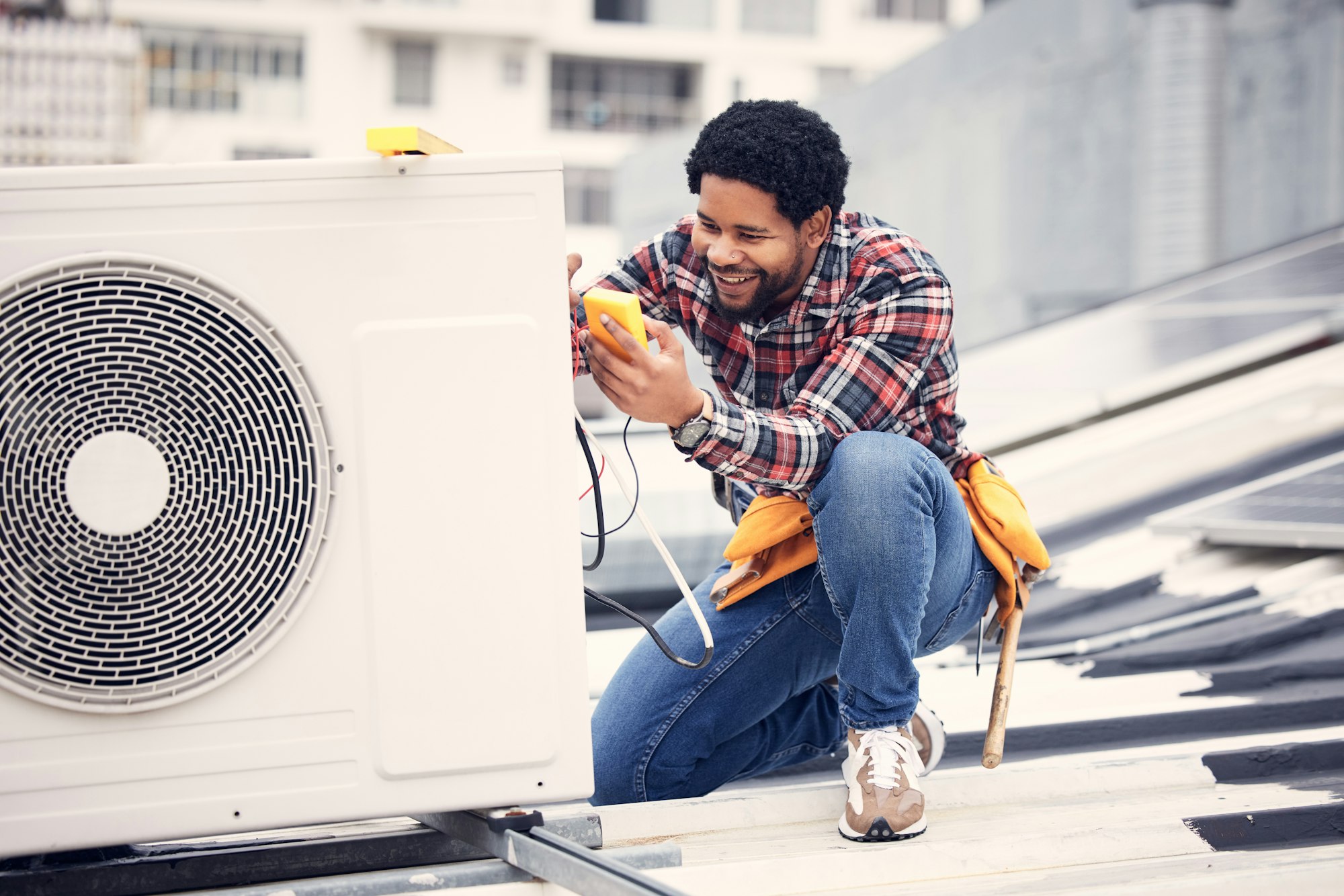 Air conditioner, happy and technician man ac repair, maintenance or inspection of electrical heat p